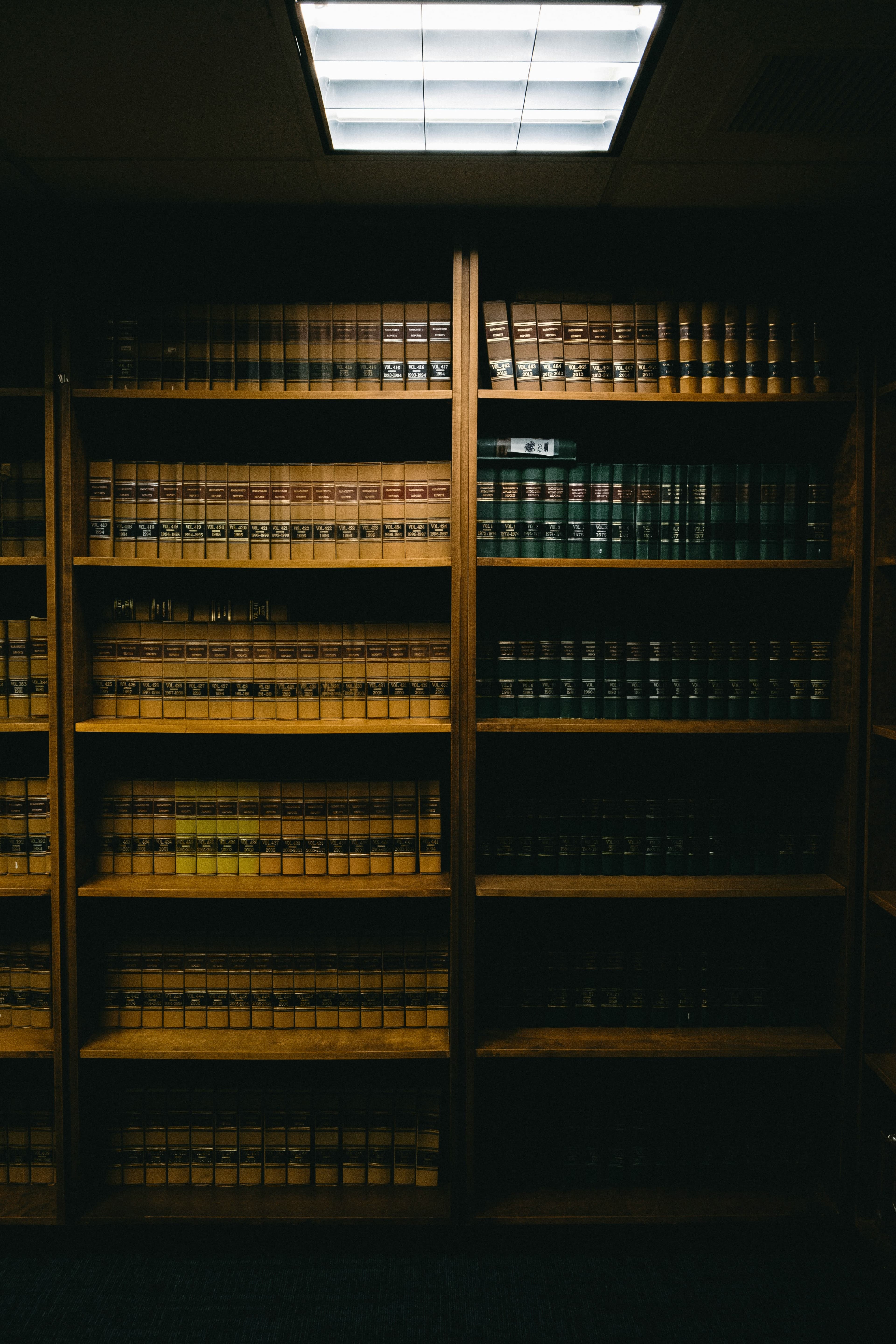 Shelves of bound legal reporters in a law library